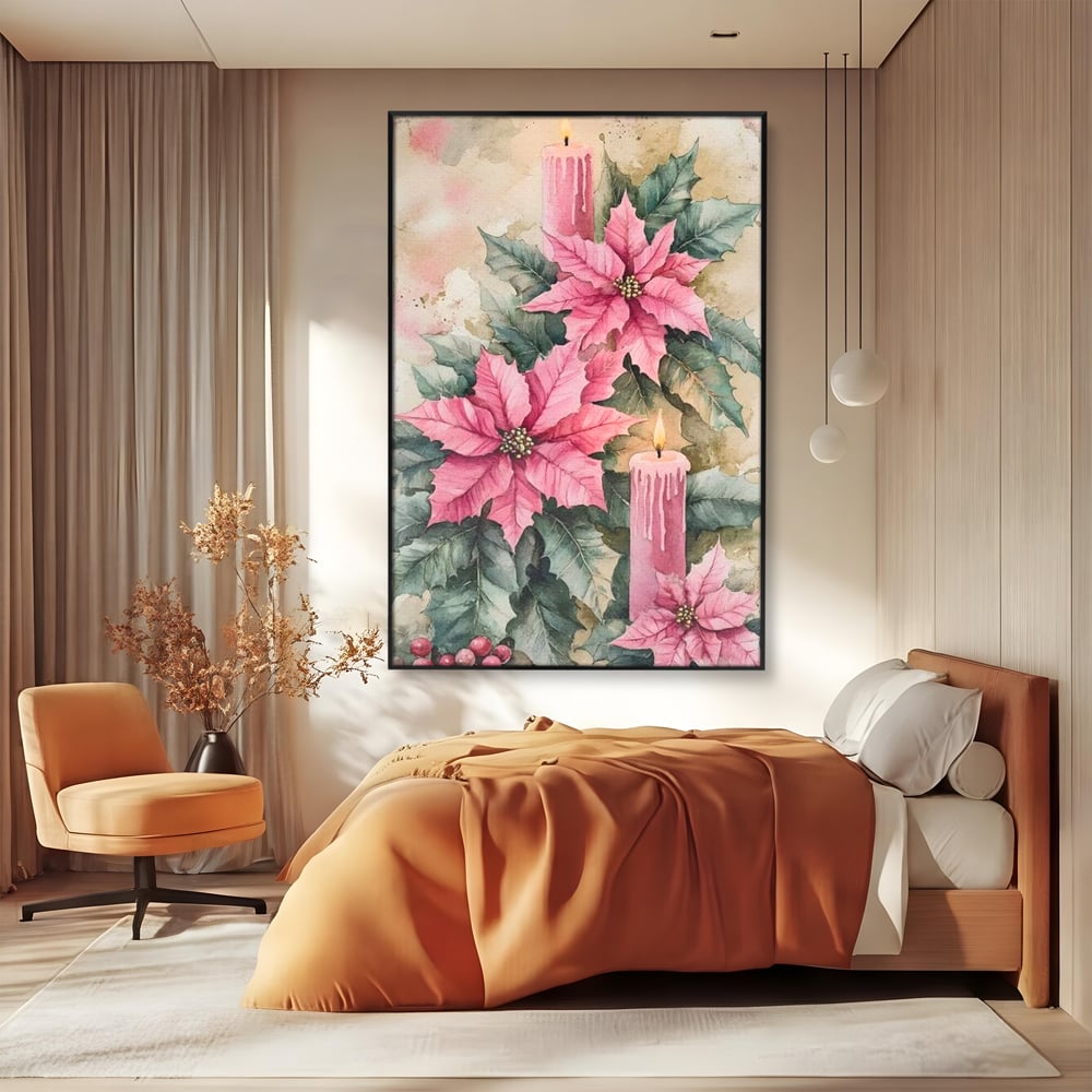 Tablou canvas cu tablou cu lumanari si flori poinsettia, in rama de aluminiu negru, pe perete intr-un dormitor